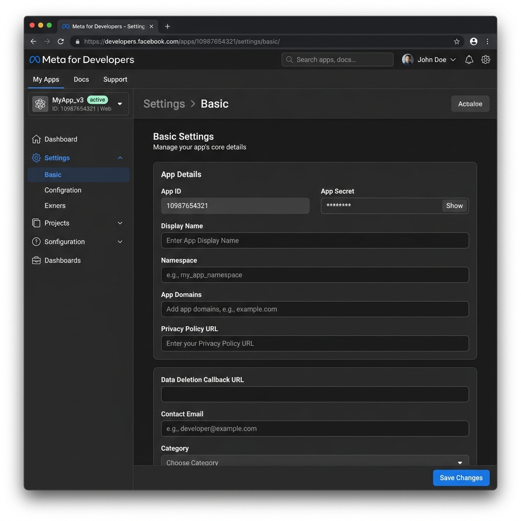 App ID và Secret trong Basic Settings