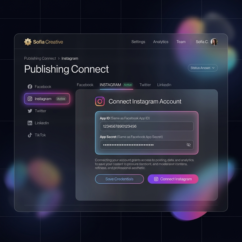 Dashboard kết nối Instagram của Sofia Creative