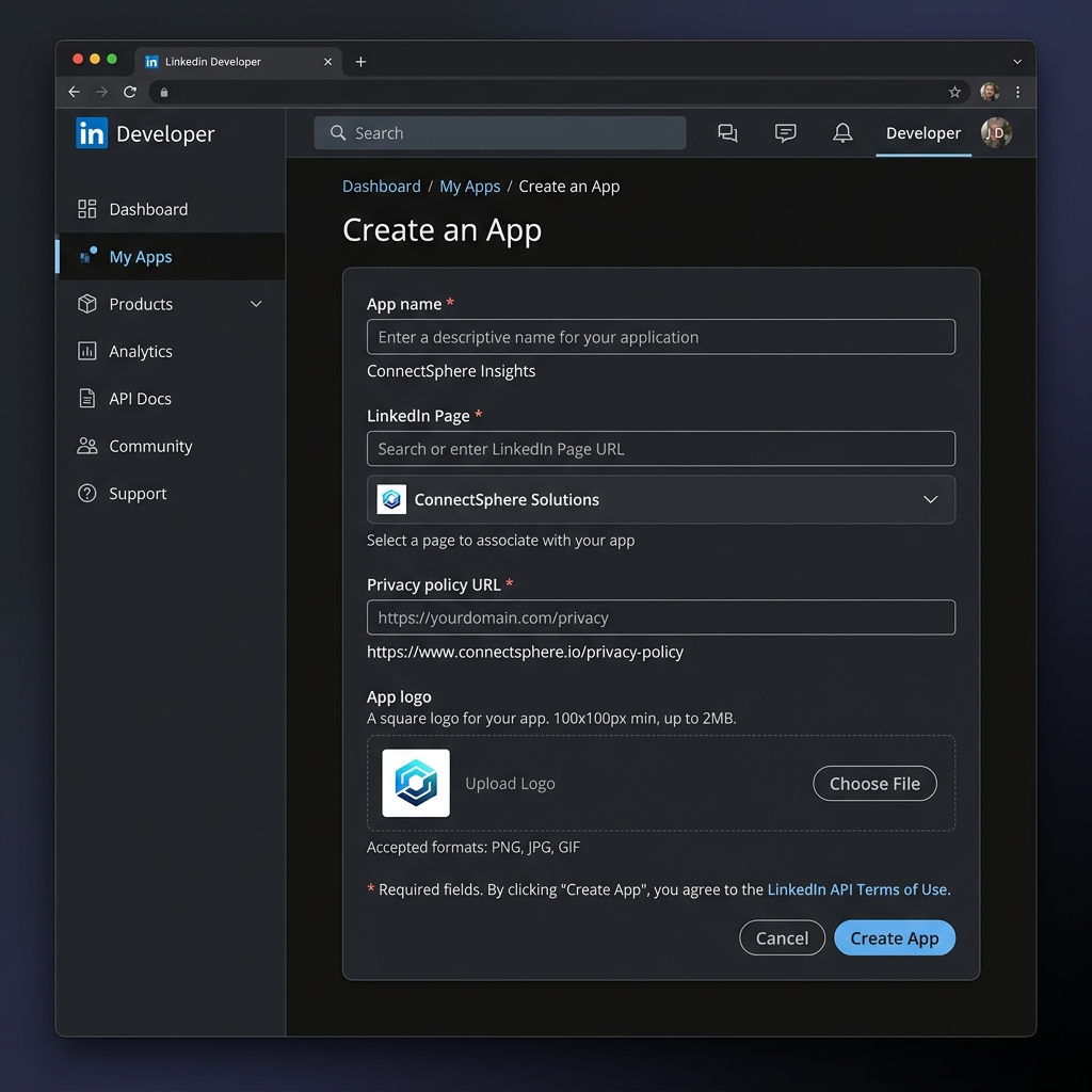 Biểu mẫu tạo App trong LinkedIn Developer Portal