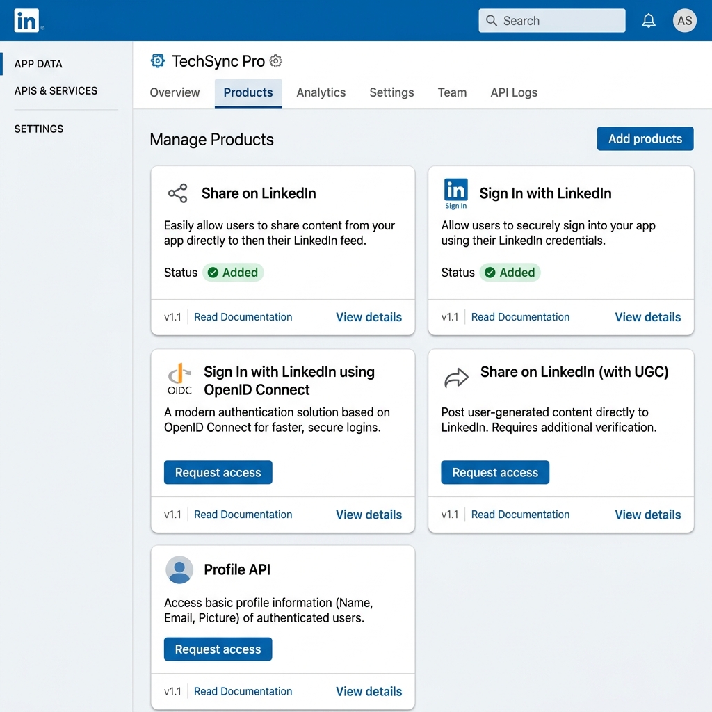 Tab Products trong LinkedIn Developer Portal