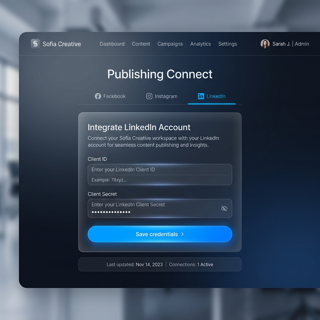 Dashboard kết nối LinkedIn của Sofia Creative