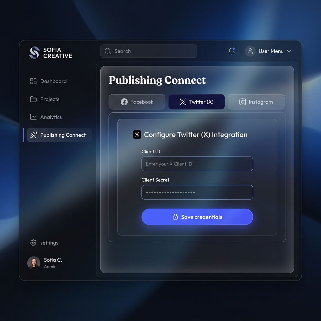 Giao diện kết nối Twitter của Sofia Creative