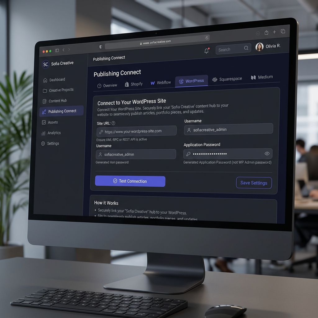 Giao diện kết nối WordPress trong Sofia Creative